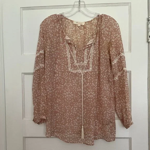 Two by Vince Camuto sheer gauzy pink boho preppy tunic top long sleeve, size XS - Picture 2 of 12